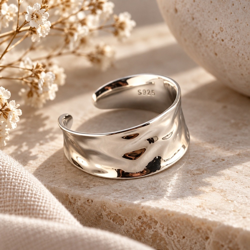 925 Sterling Silver Hammered Wavy Open Cuff Adjustable Ring Minimalist Band